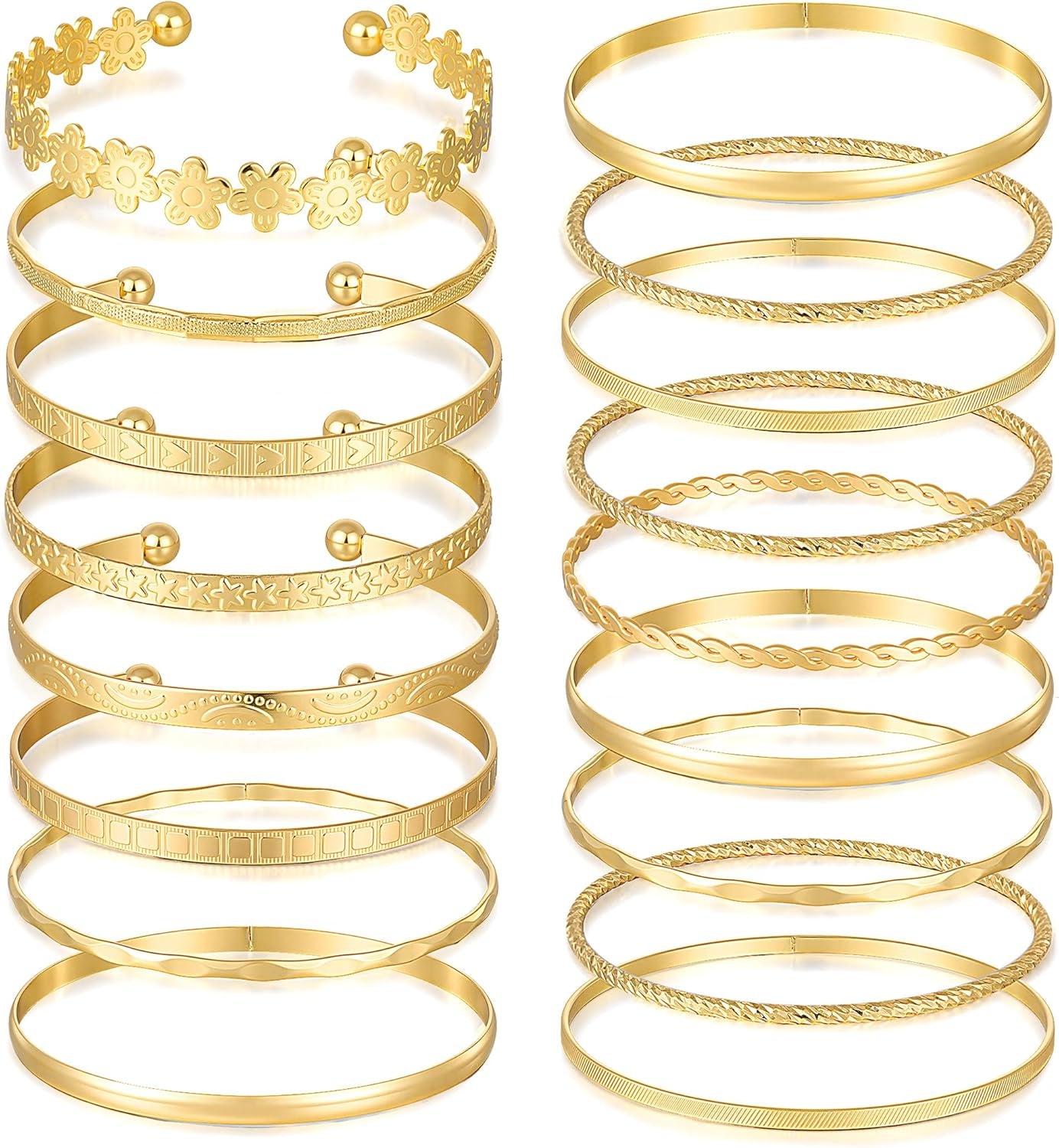 FAXHION Gold Bangle Bracelets for Women, 14 Pcs Multi Layer Stackable Bangle Set, 14K Gold Plated Textured Chunky Bracelets Boho Jewelrys Set