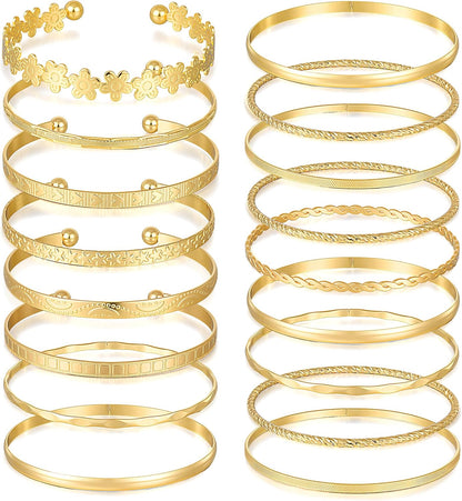 FAXHION Gold Bangle Bracelets for Women, 14 Pcs Multi Layer Stackable Bangle Set, 14K Gold Plated Textured Chunky Bracelets Boho Jewelrys Set