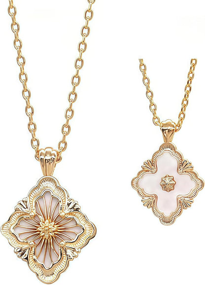 Gold Clover Necklace for Women, Double-Sided Pendant by 18K Gold-Plated Inlaid Natural Stone Pendant Necklace,Turquoise/Malachite/Black Onyx Stone/White Mother of Pearl ,Jewelry Gift for Women