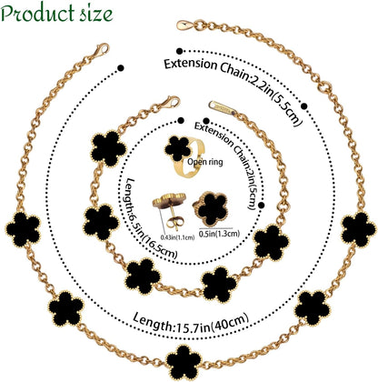 18K Gold Plated Clover Necklace Five Leaf Clover Bracelet Pendant Ring Earrings Set Fashion Flower Jewelry for Women Gifts