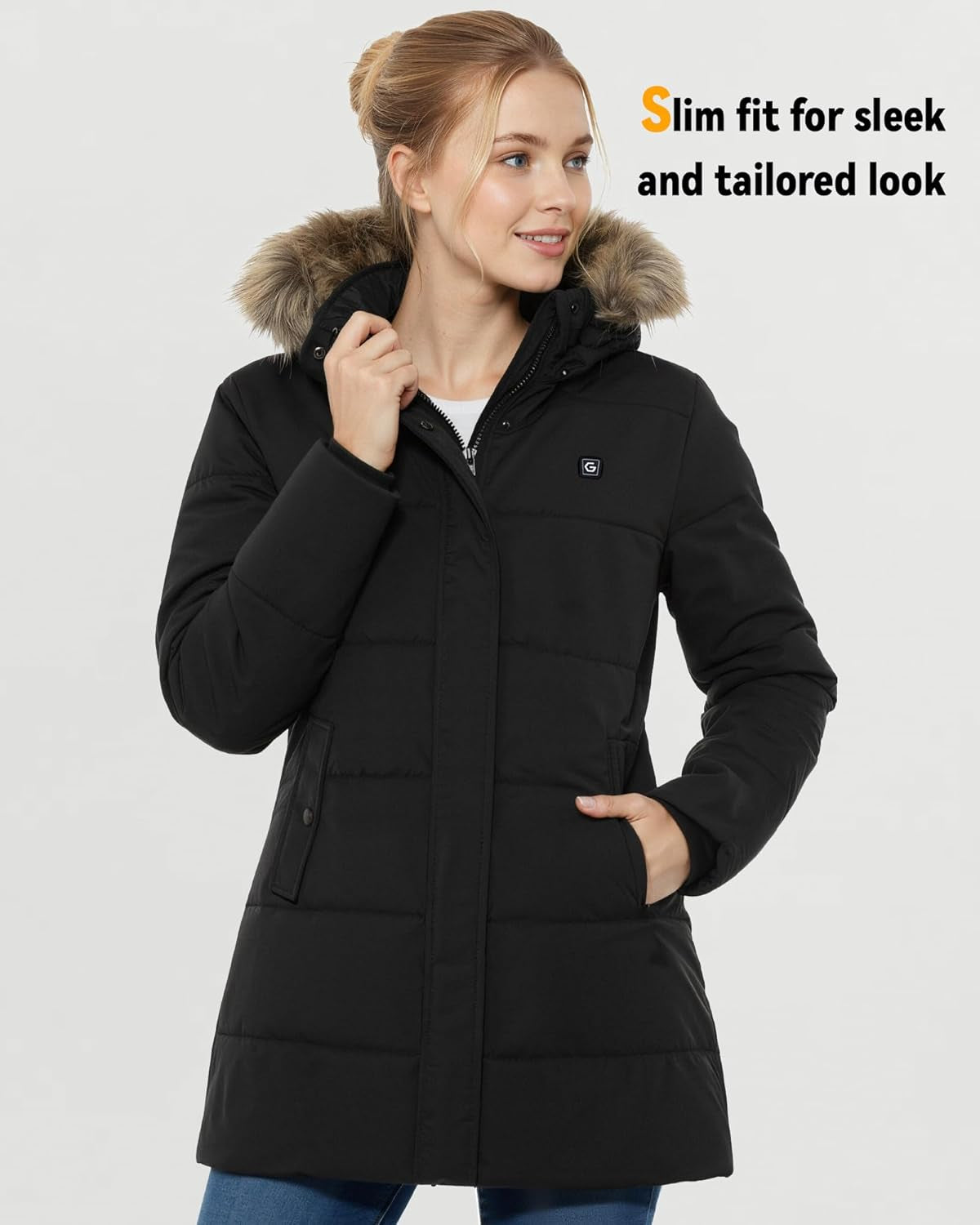 Graphene heated jacket worn by model showing fit and warmth coverage