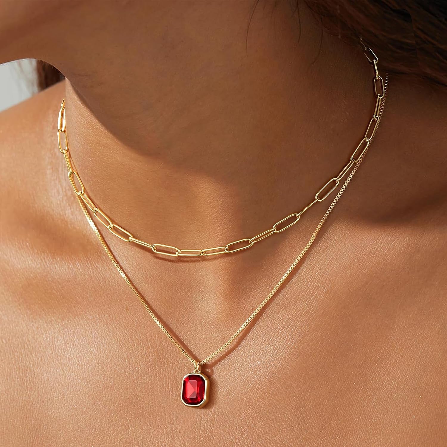 Christmas Gifts for Women Teen Girls - Birthstone Necklace for Women Girls Dainty Layered Gold Necklace for Women with 12 Month Rectangle Birthstone Pendant Paperclip Box Chain Choker Necklace