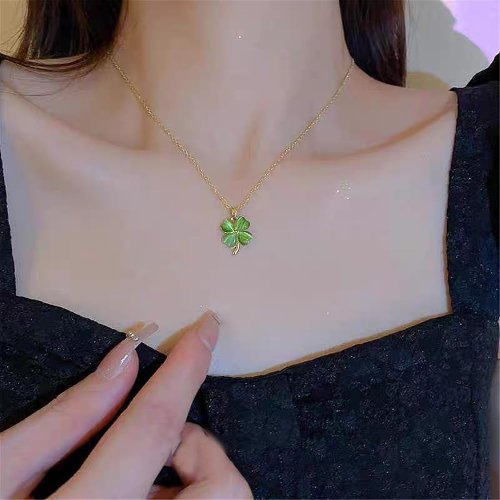 Dtja Cute Clover Flower Pendant Necklace for Women Girls Gold Plated Cats Eye Shamrock Leaf Charms Link Chain Necklace Adjustable Delicate Lucky St.Patrick'S Day Birthday Wedding Jewelry Gift 18 Inch