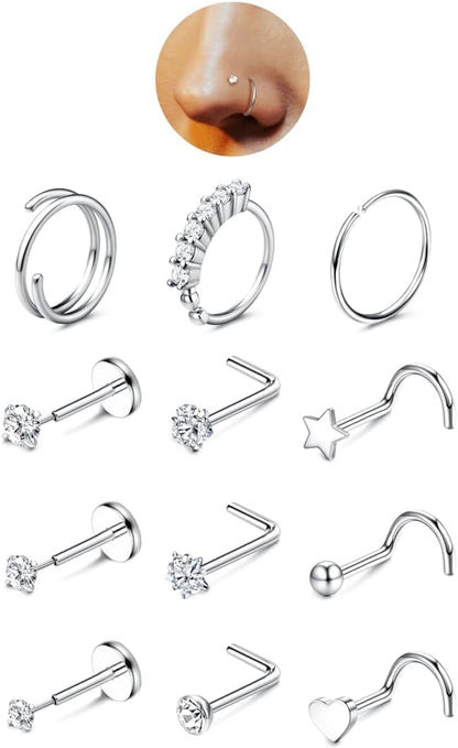 Jerywe Nose Rings for Women - 14K Gold Filled Hypoallergenic Surgical Steel Nose Ring Hoops CZ Lip Ring Screw L Shaped Studs Threadless Flat Back Stud Nose Piercings Jewelry for Women Men
