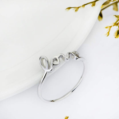 Sterling silver thin band ring with love inscription