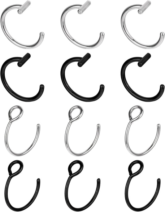 Fake Lip Ring, 12 Pcs Stainless Steel Fake Lip Piercing 8Mm Faux Nose Rings Clip on Nose Ring Ear Cuffs Non Piercing Jewelry for Women Men (Silver, Black)