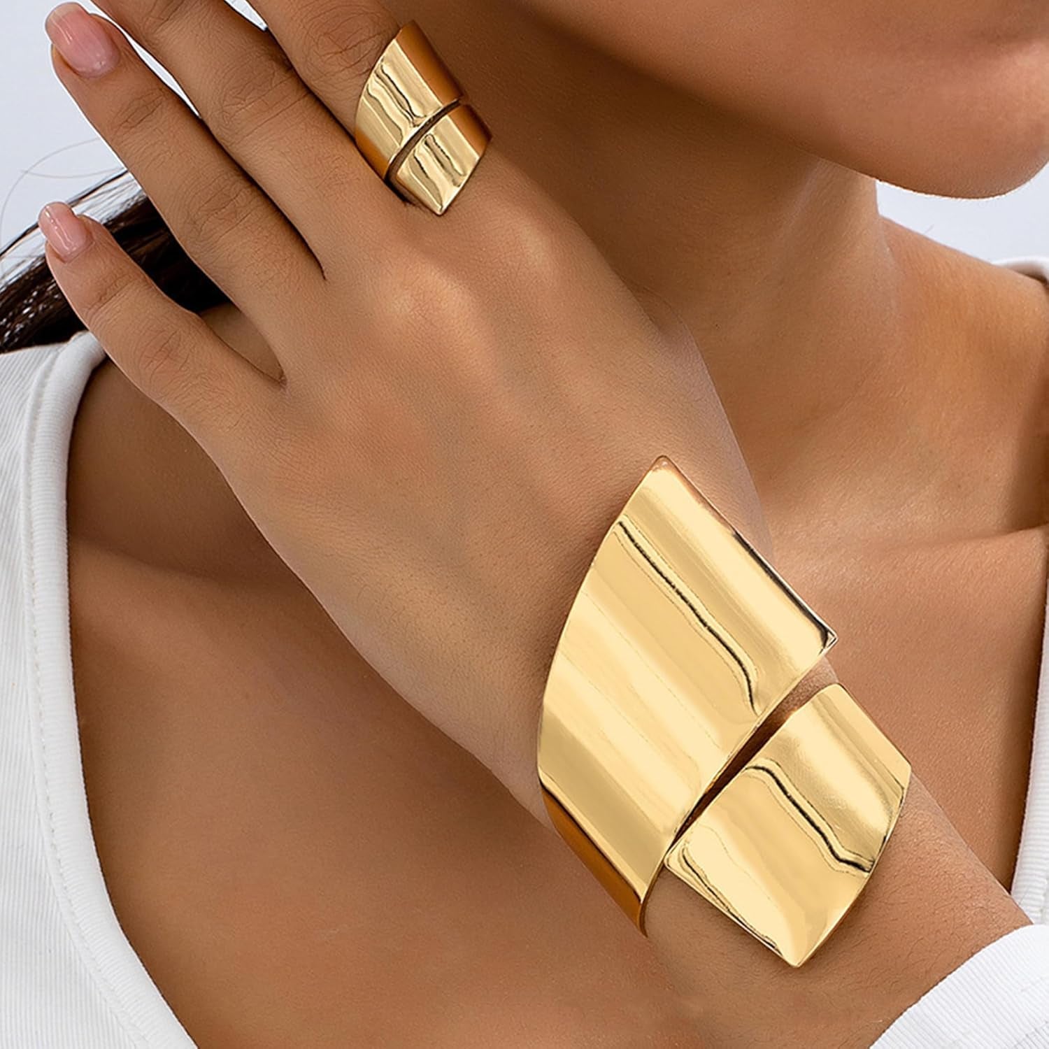 Gold Jewelry Sets for Women Bangle Ring Set Chunky Bangle Bracelet and Ring Statement Jewelry Set for Women
