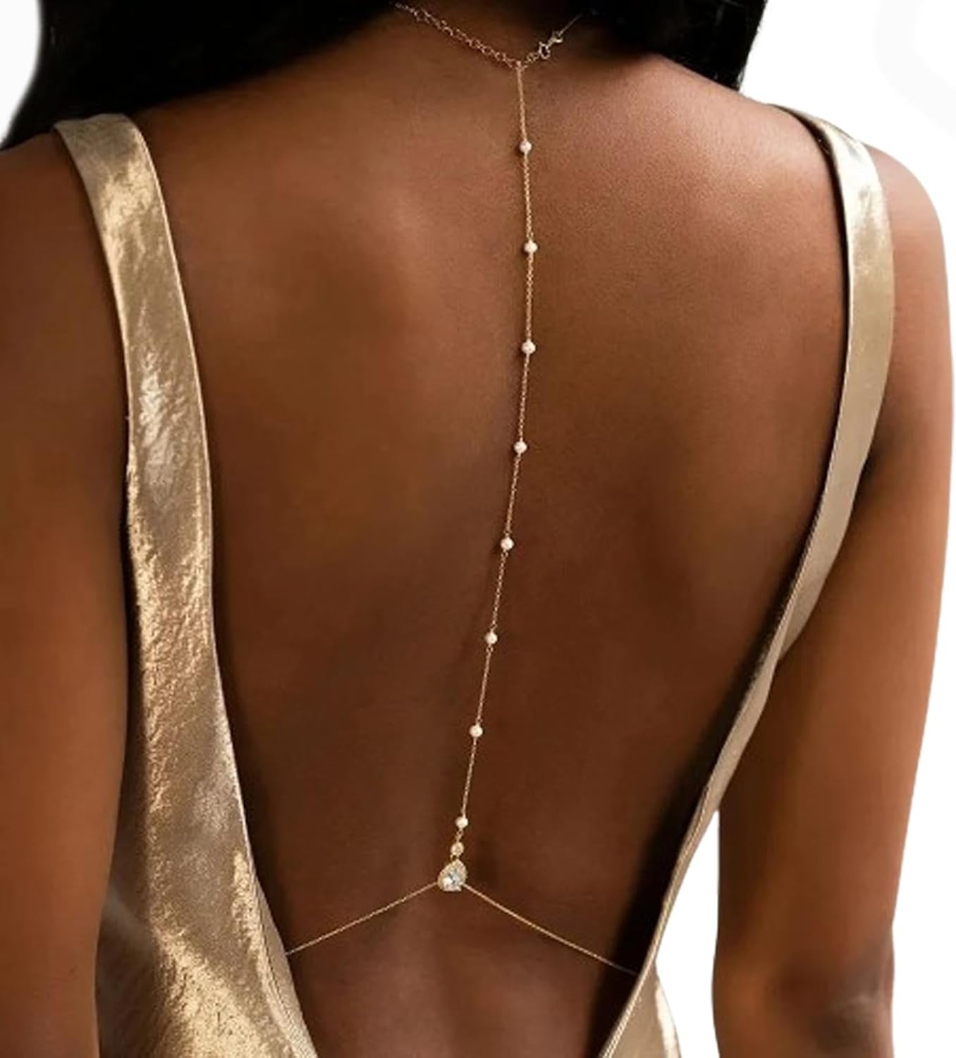 Rhinestone Back Necklace for Backless Dress - Bridal Wedding Pearl Backdrop Jewelry Crystal Long Body Chain Simple Waist Chain for Women