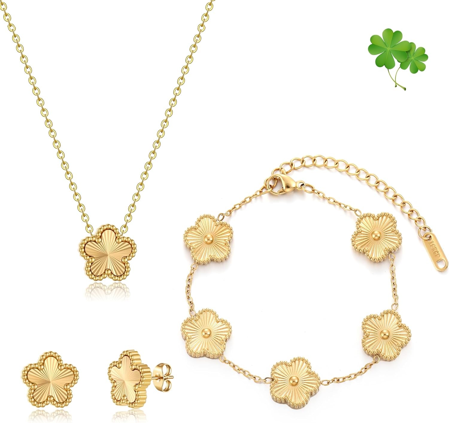 Four Leaf Clover Bracelet Set for Women - 18K Gold Plated Flower Lucky 4 Leaf Necklace Bracelet Earrings Jewelry Sets Gift for Women