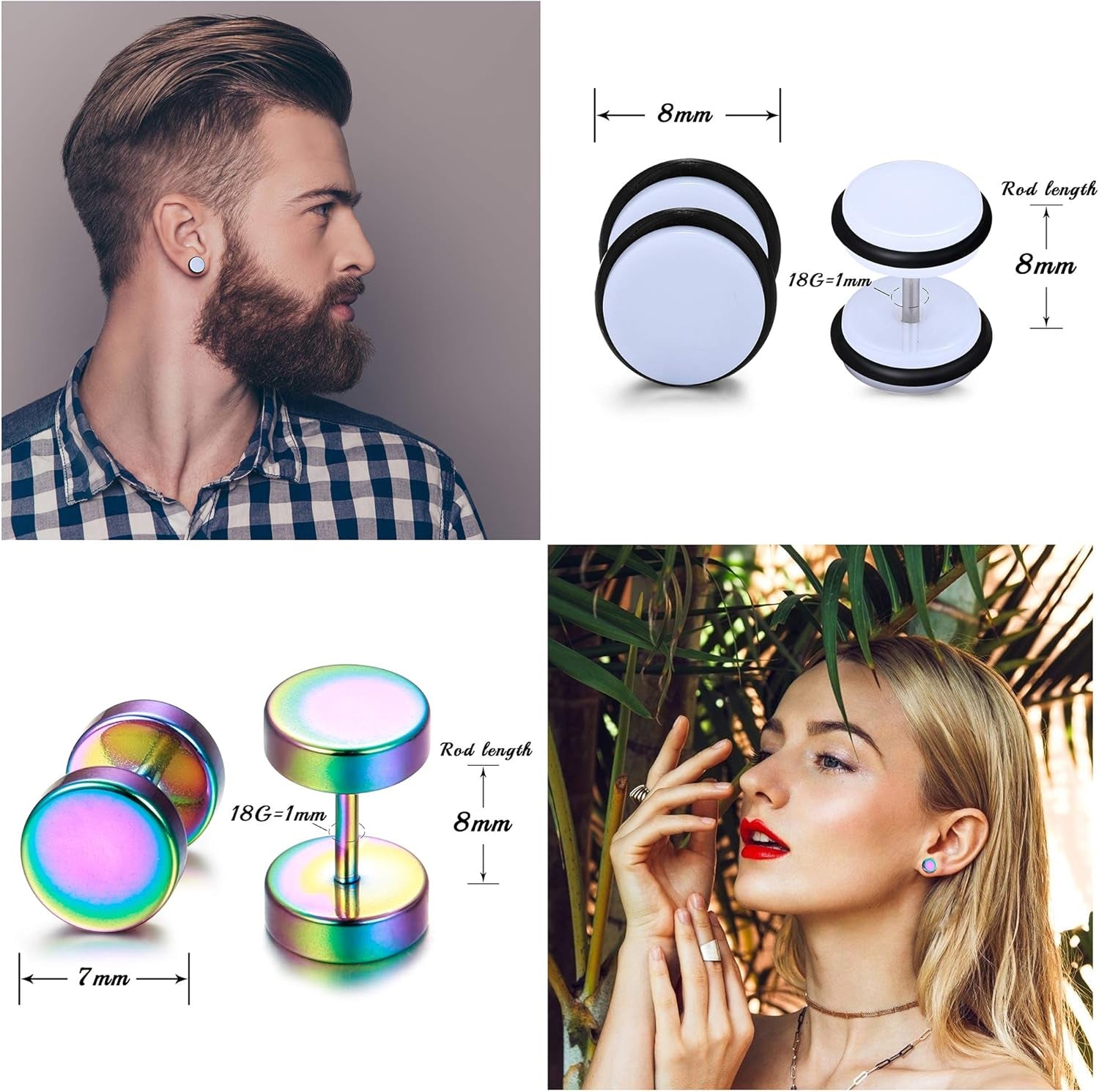 Sailimue 15 Pairs Mens Stud Earrings Set Stainless Steel Ear Piercing Faux Cheater Illusion Plugs Tunnel Flat Back Stud Earrings Fake Gauges Earrings for Men Women