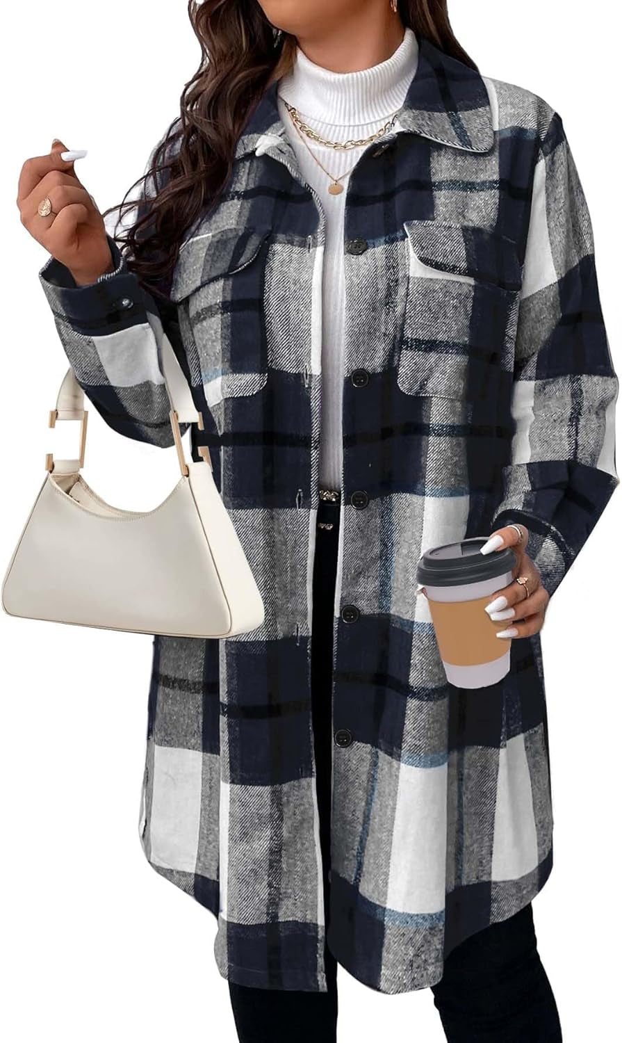 Women'S plus Size Plaid Flannel Shacket Long Shirts Jacket Tartan Boyfriend Oversized Coat Fall Clothes Fashion Outfits