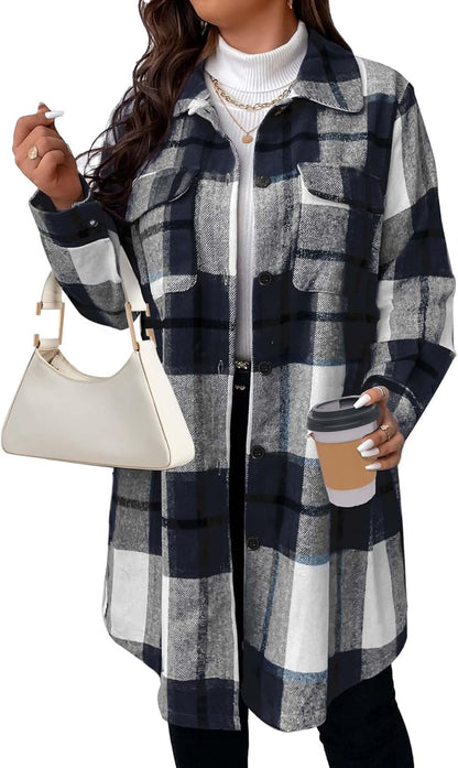 Women'S plus Size Plaid Flannel Shacket Long Shirts Jacket Tartan Boyfriend Oversized Coat Fall Clothes Fashion Outfits