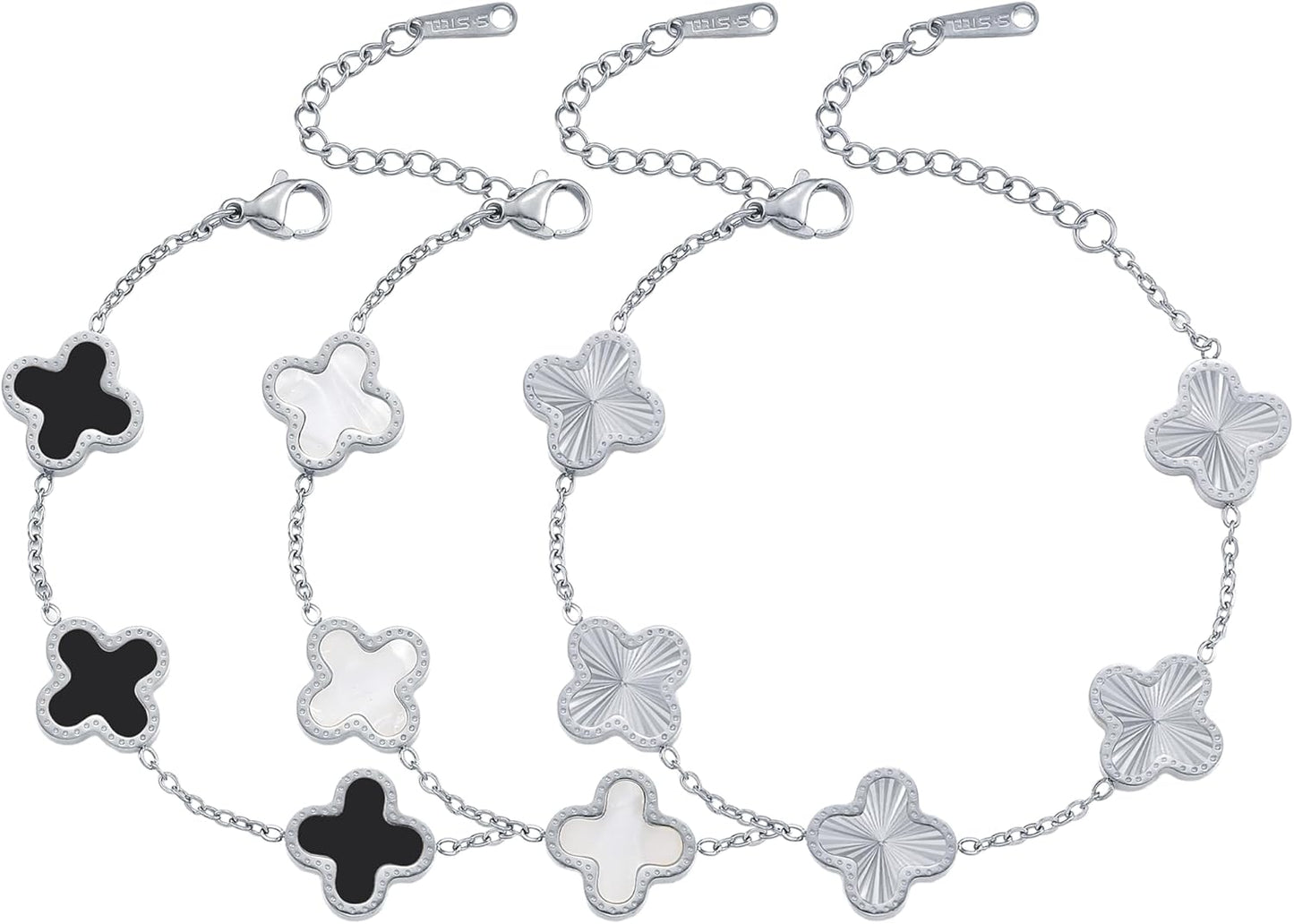 Silver Chain Bracelet Set Gold/White/Black Clover Bracelets for Women Four Leaf Lucky Bracelets Jewelry Gifts for Women 3Pcs