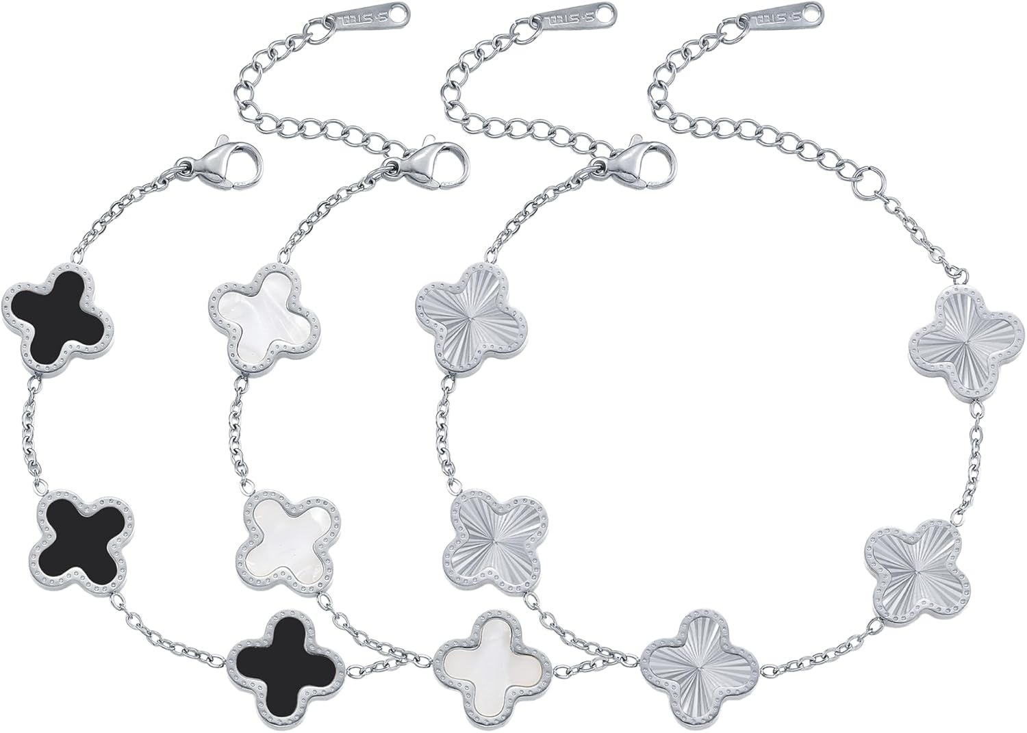 Silver Chain Bracelet Set Gold/White/Black Clover Bracelets for Women Four Leaf Lucky Bracelets Jewelry Gifts for Women 3Pcs