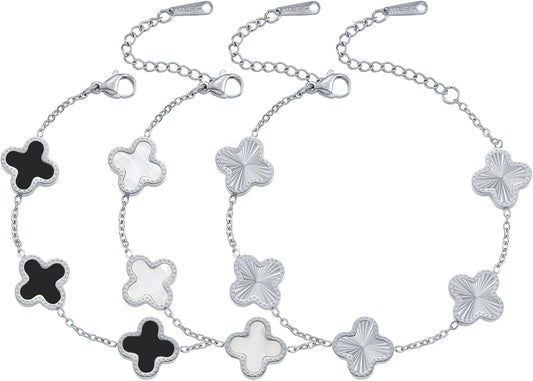 Silver Chain Bracelet Set Gold/White/Black Clover Bracelets for Women Four Leaf Lucky Bracelets Jewelry Gifts for Women 3Pcs