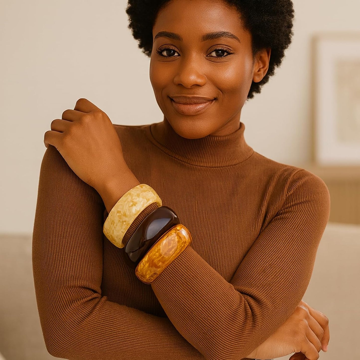 Set of Chunky Acrylic Resin Bangle Bracelets for Women, Retro Brown and Colorful Stackable Bangles, Statement Jewelry Gift