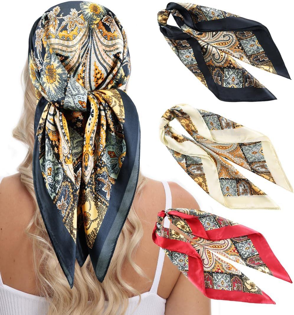 MINIDORA Satin Scarves for Women 27.5 × 27.5 Inches Medium Square Elegant Silk Feeling Head Scarf