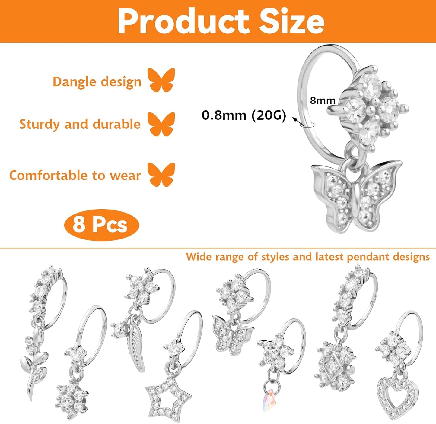 Set of 8 gold nose rings with various dangle styles