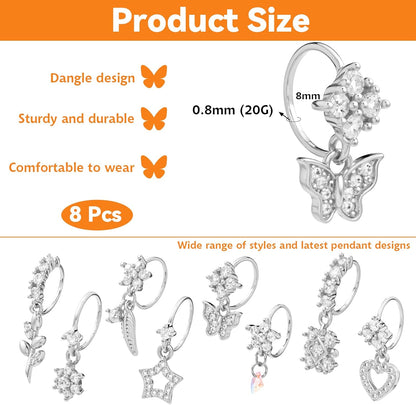 Set of 8 gold nose rings with various dangle styles