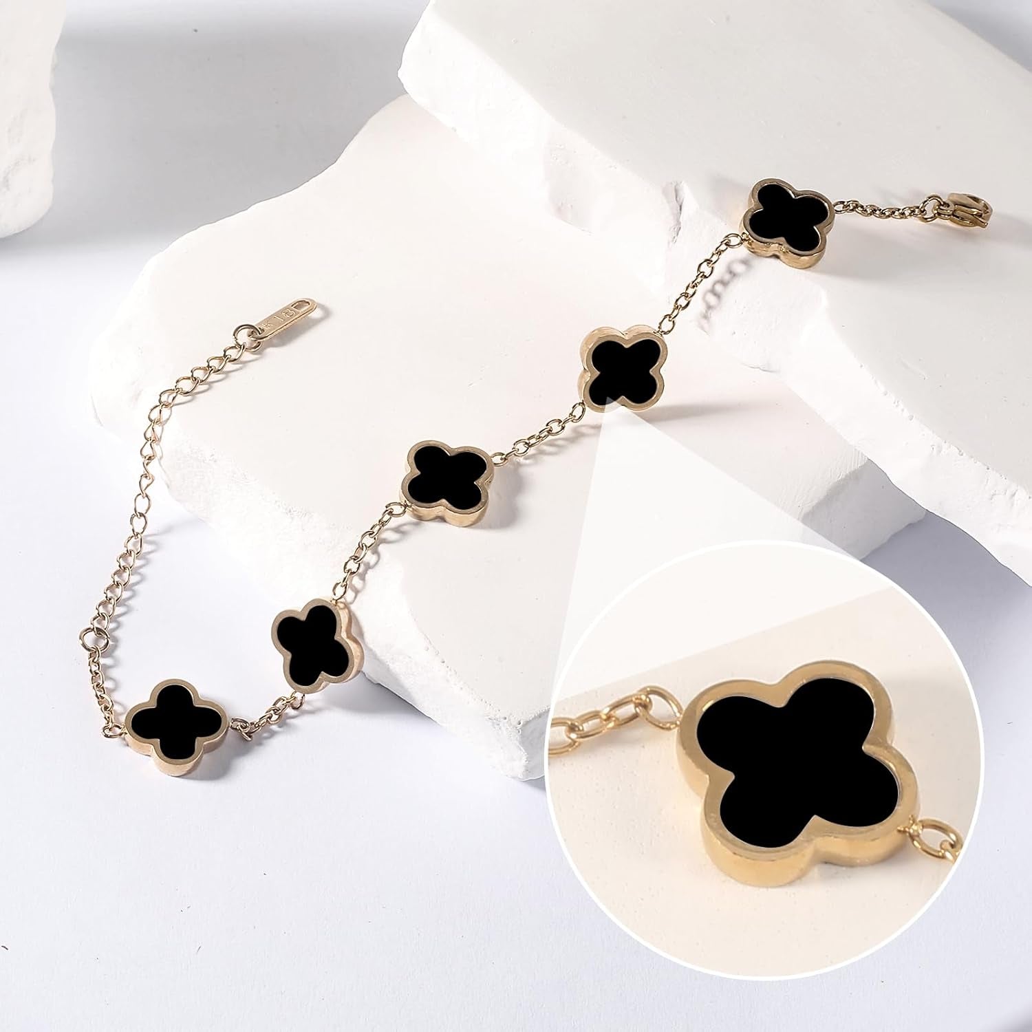 Double Sided 18K Gold Plated Clover Bracelet for Women, Dupe Four Leaf Flower Lucky Chain Bangle, Cute Jewelry Gift for Her Mom Wife