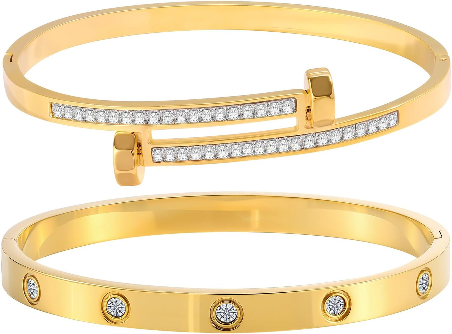 2PCS Gold Bracelets for Women Friendship & Love Theme Crystal Bangle Set Stainless Steel Non Tarnish Jewelry, Ideal Birthday Gift.