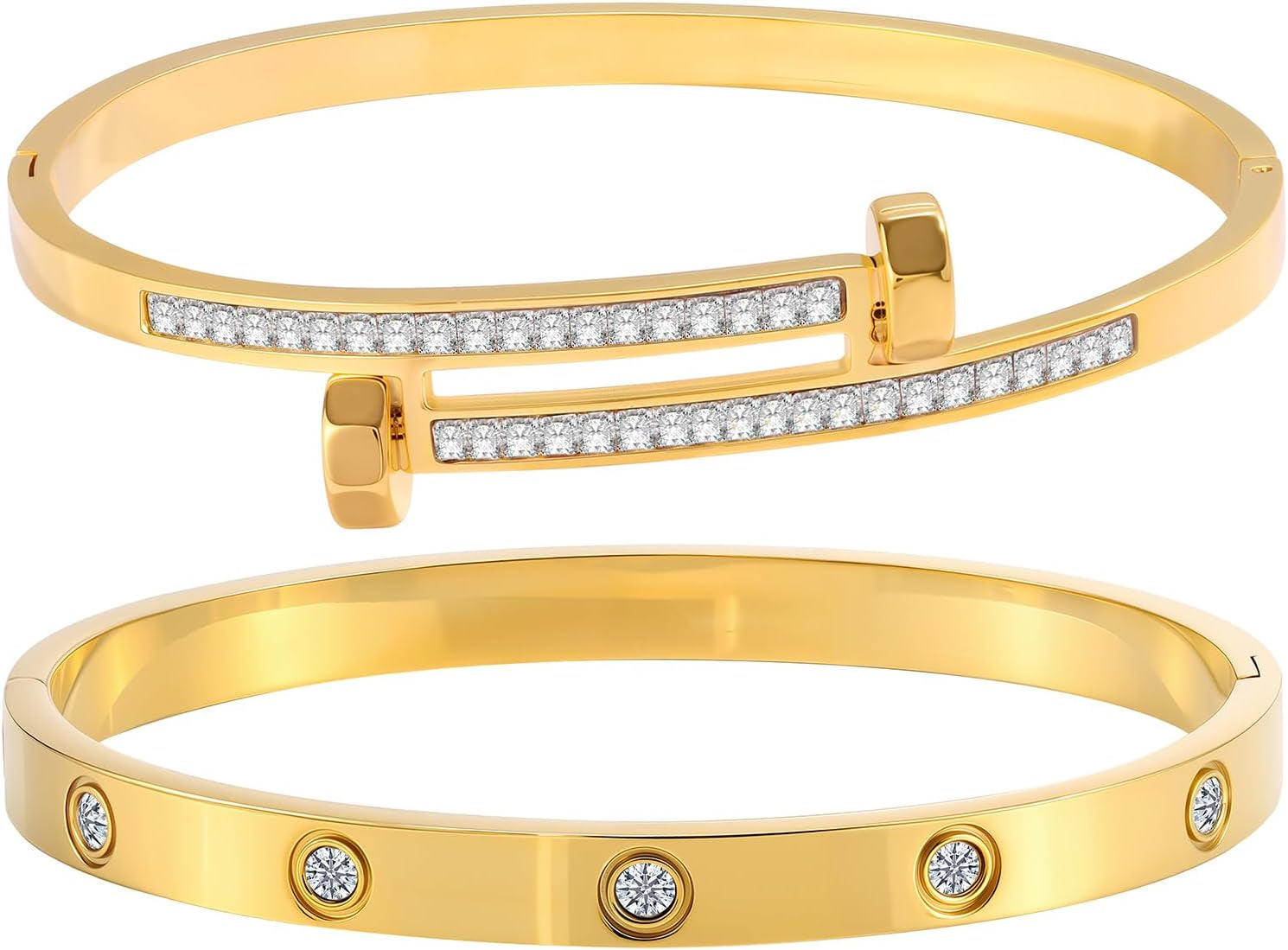 2PCS Gold Bracelets for Women Friendship & Love Theme Crystal Bangle Set Stainless Steel Non Tarnish Jewelry, Ideal Birthday Gift.