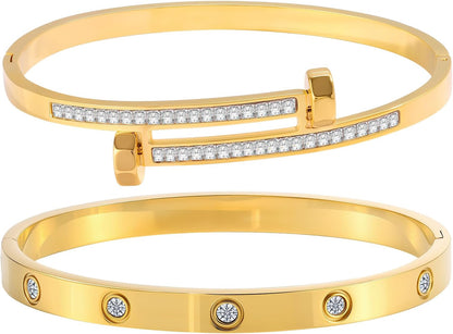 2PCS Gold Bracelets for Women Friendship & Love Theme Crystal Bangle Set Stainless Steel Non Tarnish Jewelry, Ideal Birthday Gift.