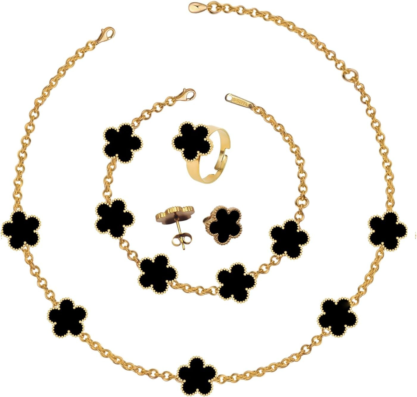 18K Gold Plated Clover Necklace Five Leaf Clover Bracelet Pendant Ring Earrings Set Fashion Flower Jewelry for Women Gifts