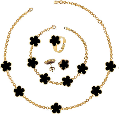 18K Gold Plated Clover Necklace Five Leaf Clover Bracelet Pendant Ring Earrings Set Fashion Flower Jewelry for Women Gifts