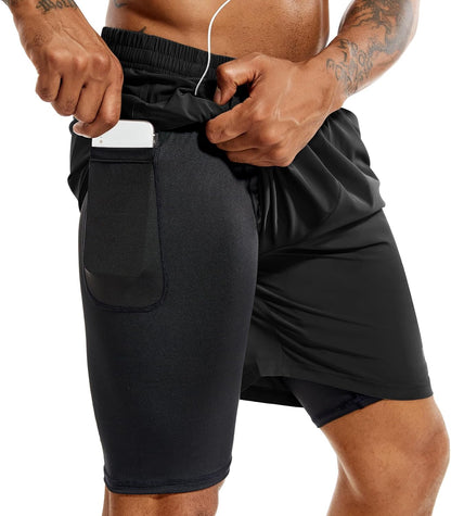 TENJOY Men'S 2 in 1 Running Shorts 5 in or 7 in Quick Dry Gym Athletic Workout Shorts for Men with Phone Pockets