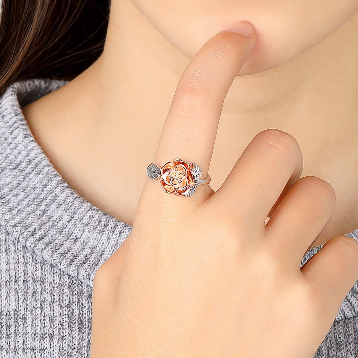 Rose flower promise ring in sterling silver with adjustable sizing