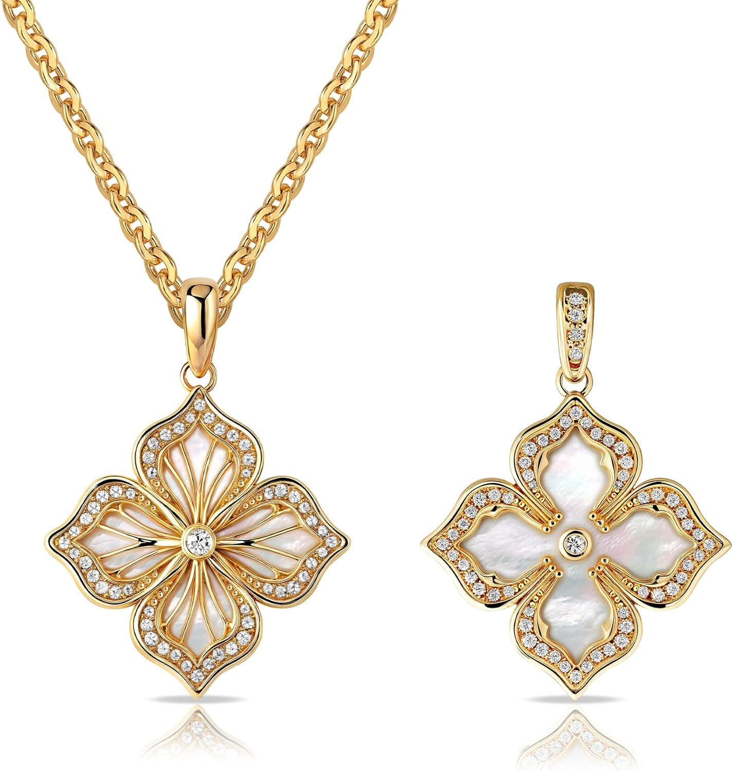 MEVECCO Gold Four Leaf Clover Necklace for Women 14K Gold Plated Clover Pendant Necklace Double Side with Diamond Vintage Filigree Flower Necklace Gift