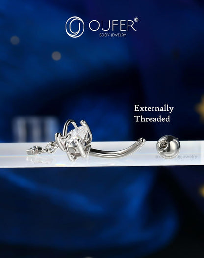 OUFER Dangle Belly Button Rings, 316L Surgical Steel Belly Rings for Women, 14G Heart Navel Piercing Jewelry, Star Dangling Clear CZ Curved Barbells Silver/Gold 10MM