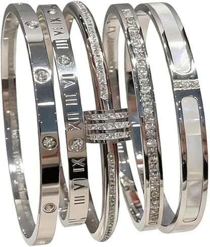 Five-piece stainless steel bracelet set featuring gold and silver stackable bangles
