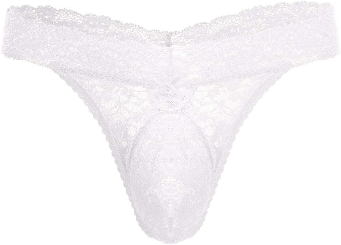 Men's lace thong underwear displaying low waist and elastic waistband