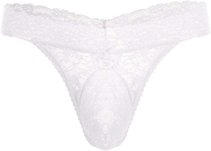 Men's lace thong underwear displaying low waist and elastic waistband