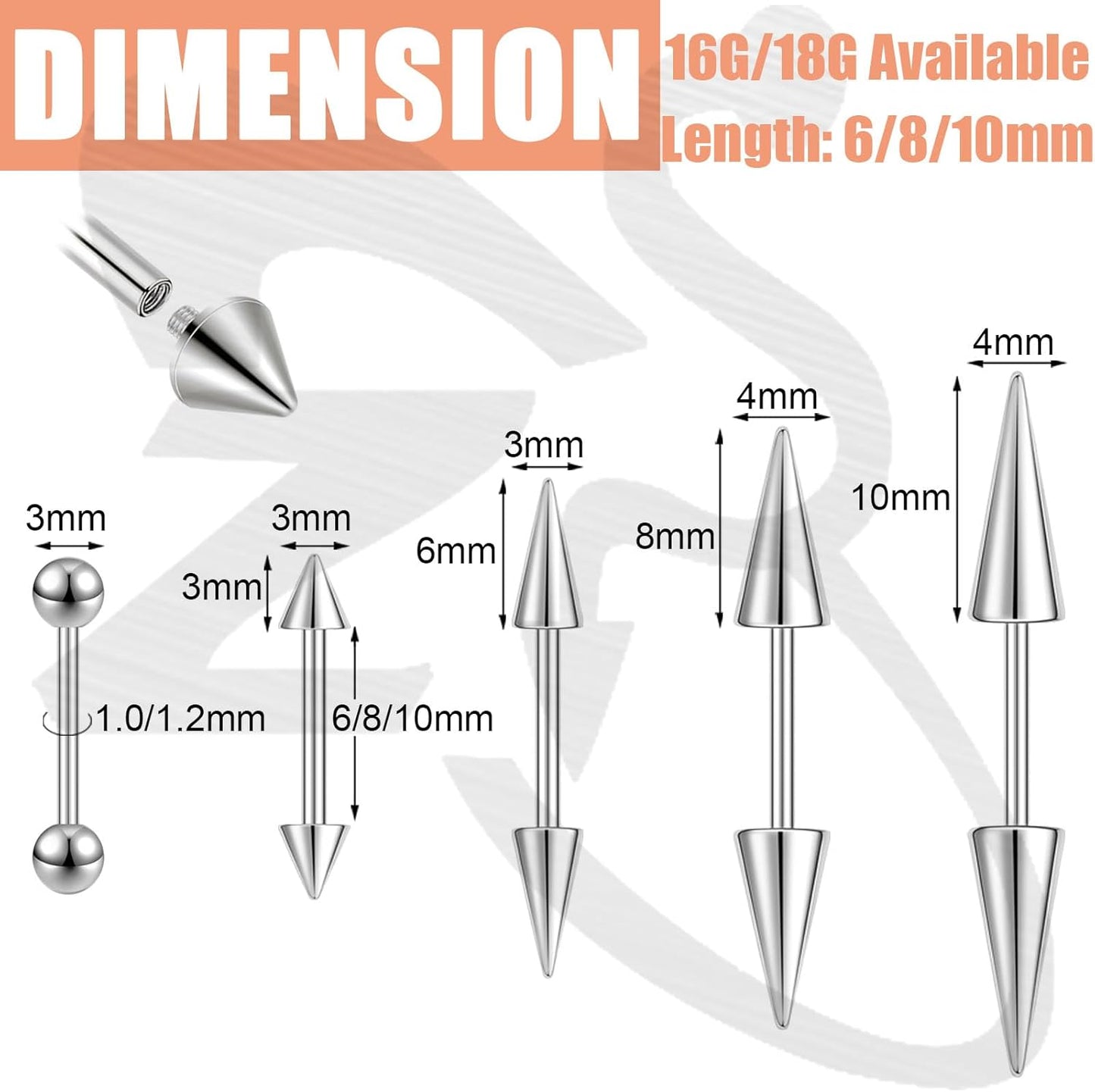 ZS 16G/18G Spike Cartilage Tragus Helix Piercing, Stainless Steel Spike Stud Earrings Internal Thread Curved Barbell Nose Bridge Rings Snake Bite Piercing Jewelry for Women Men