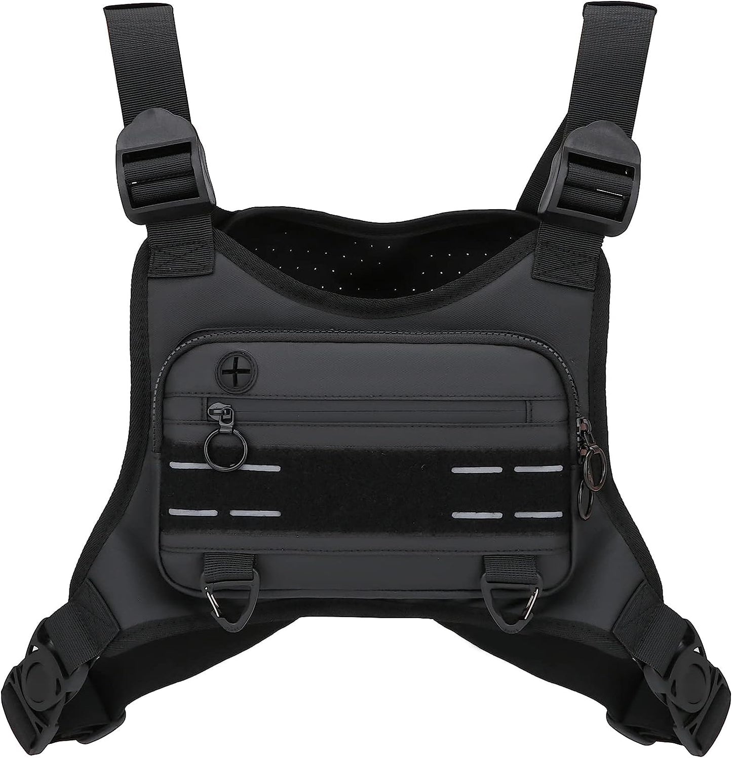 Man wearing black water-resistant sports chest bag while running outdoors