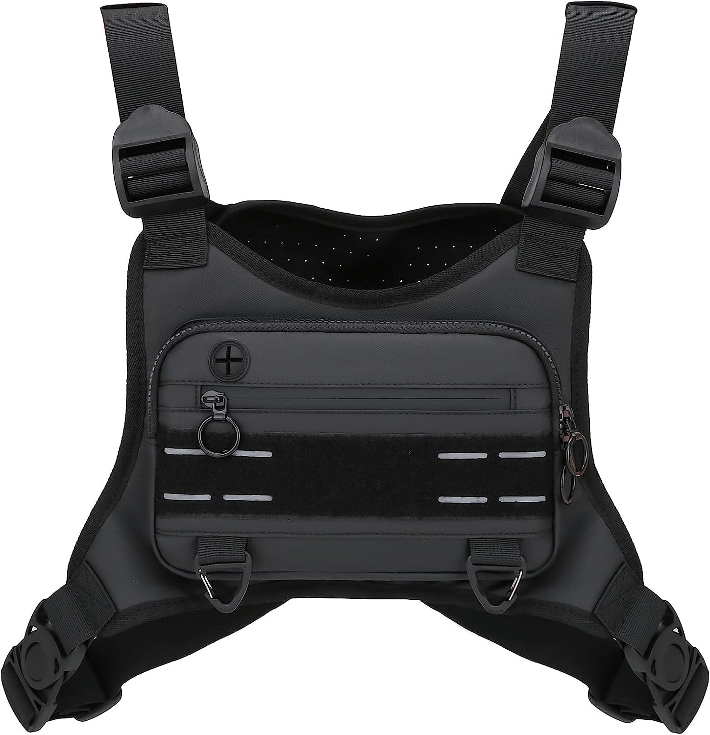 Man wearing black water-resistant sports chest bag while running outdoors