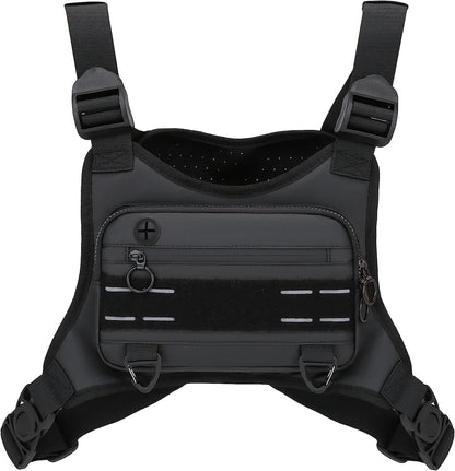 Man wearing black water-resistant sports chest bag while running outdoors