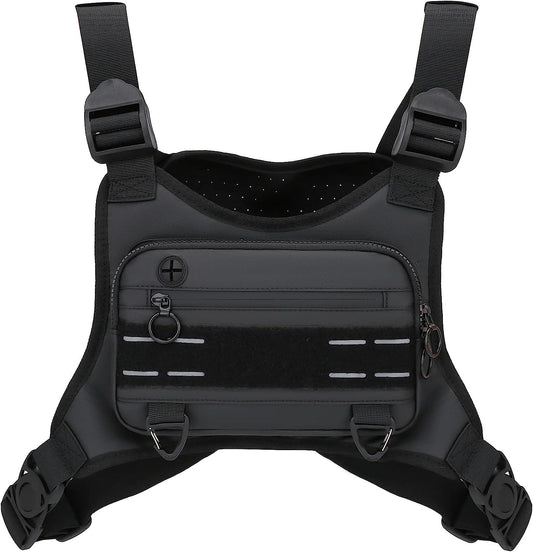 Man wearing black water-resistant sports chest bag while running outdoors
