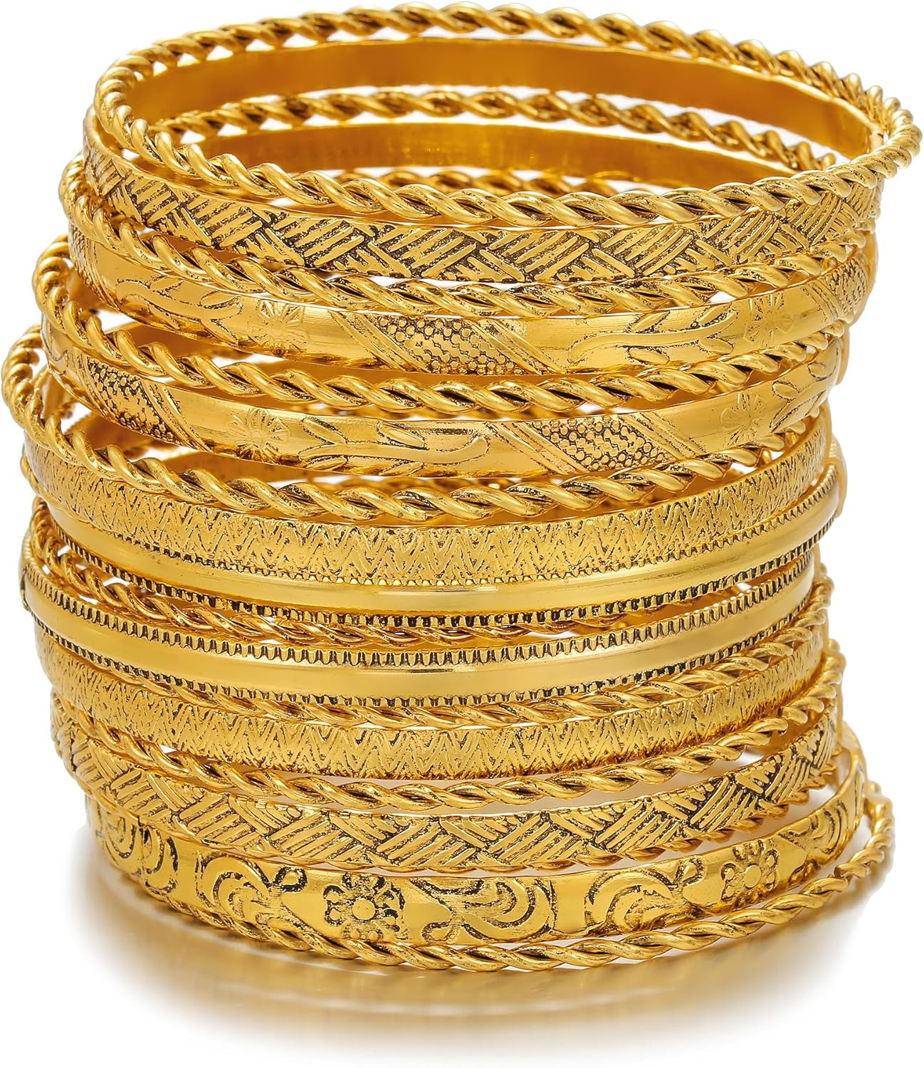 Layered textured gold bangles creating dynamic shine effect