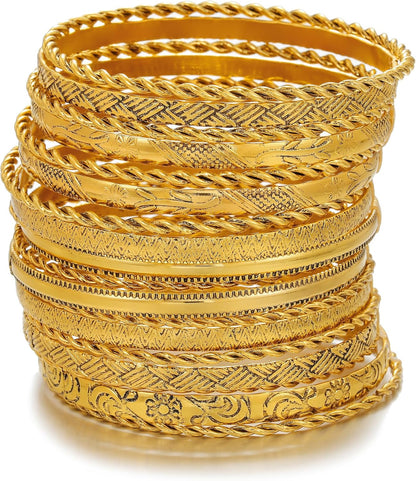 Layered textured gold bangles creating dynamic shine effect