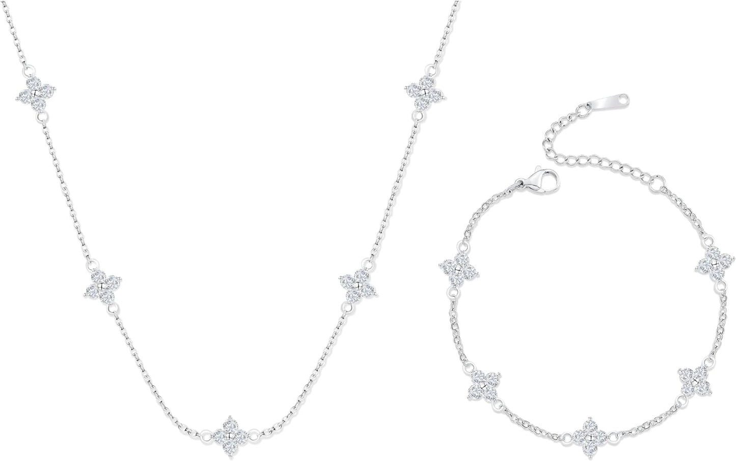 Dainty Clover Choker Bracelet Set for Women | 18K Gold Plated Cubic Zirconia Necklace and Link Bracelet | Four Leaf Lucky Jewelry for Her