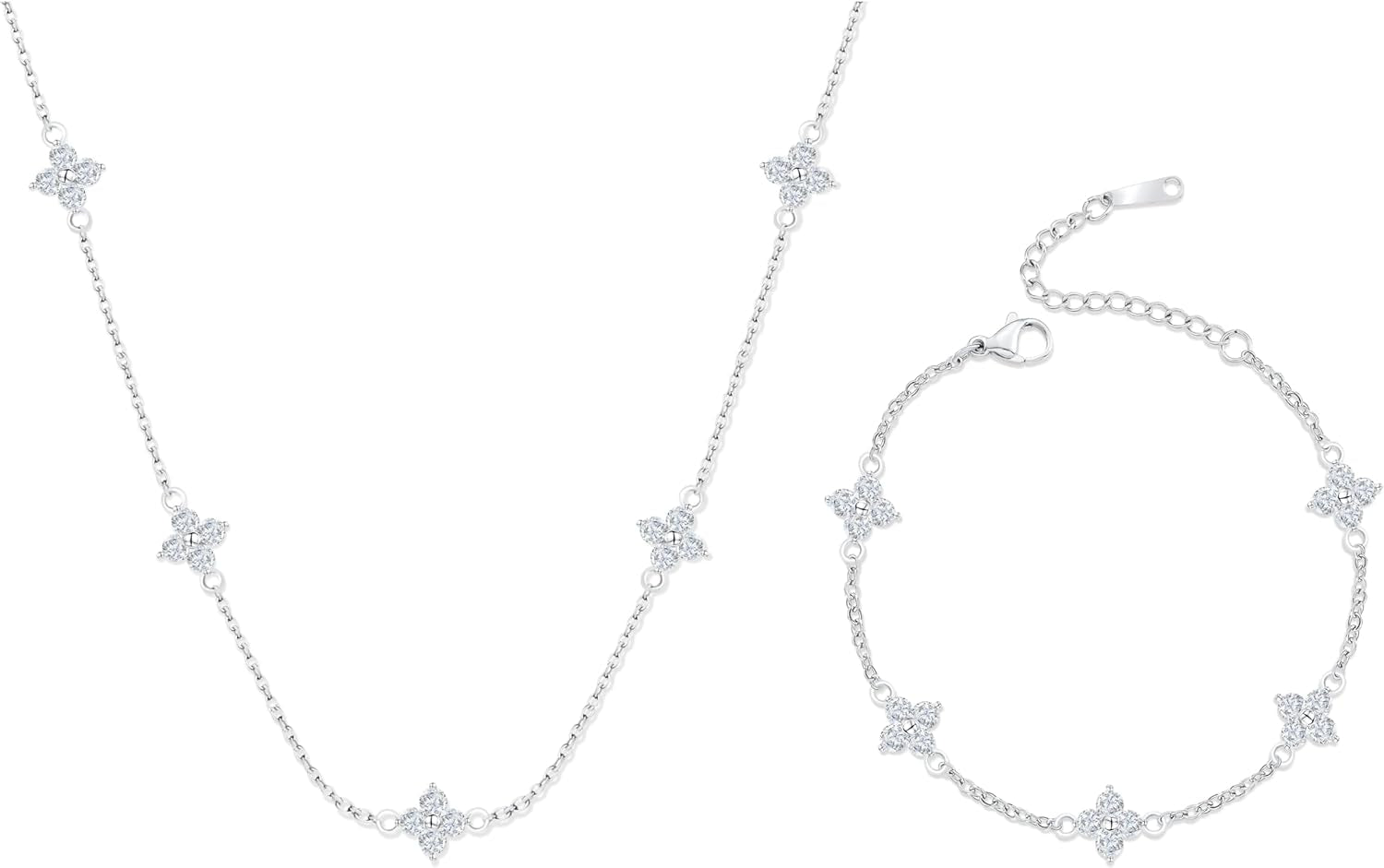 Dainty Clover Choker Bracelet Set for Women | 18K Gold Plated Cubic Zirconia Necklace and Link Bracelet | Four Leaf Lucky Jewelry for Her