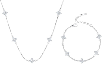 Dainty Clover Choker Bracelet Set for Women | 18K Gold Plated Cubic Zirconia Necklace and Link Bracelet | Four Leaf Lucky Jewelry for Her