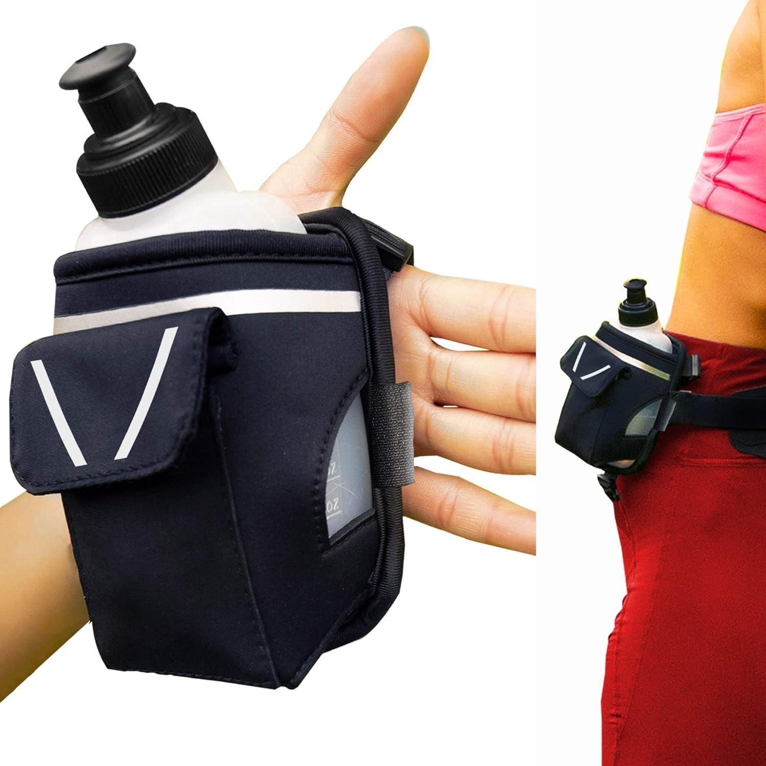 Adjustable mesh strap water bottle carrier for hand attachment