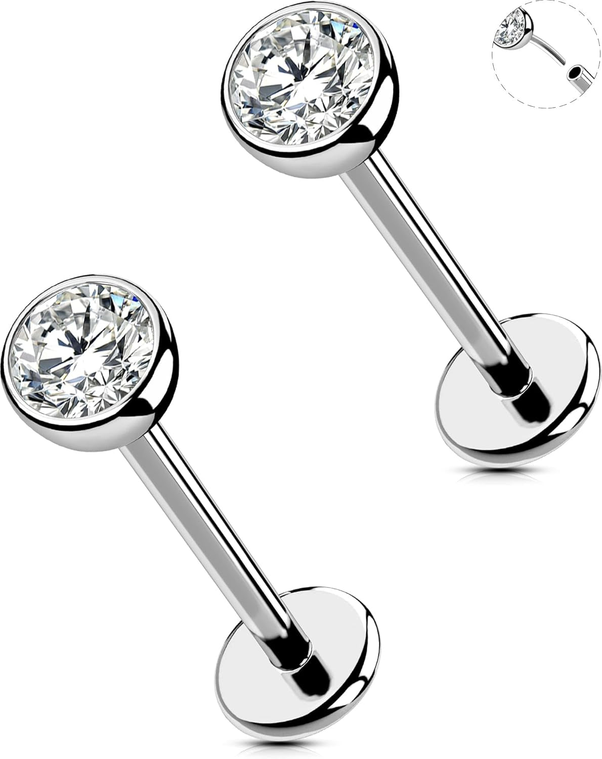 OUFER 2Pcs 20G/18G/16G G23 Titanium Threadless Nose Stud Earrings Flat Back Tiny CZ Small Nose Helix Cartilage Tragus Conch Labret Medusa Monroe Piercing Jewelry for Women Men