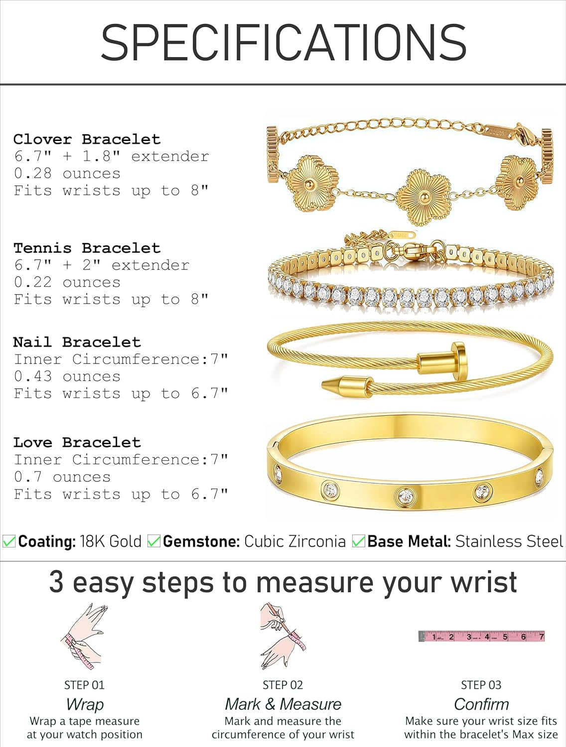 Real 18K Gold Plated Bracelets for Women (Sturdier Version) Stackable Bangle Bracelets for Women (Better Tarnish & Water Resistance) 4PCS Gold Bracelet Stack Set (Fits Wrists Upto 6.7 Inch)