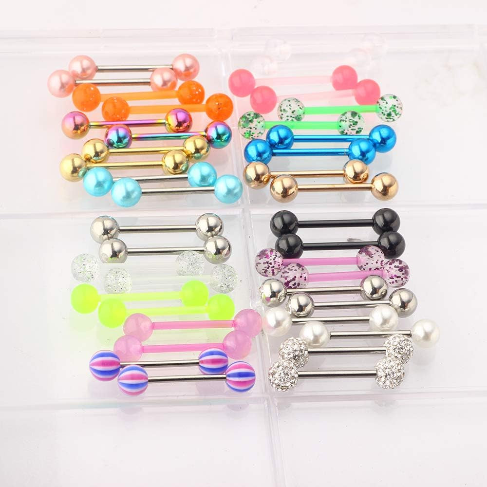 Suotarn 40Pcs 14G Tongue Rings for Women Stainless Steel Straight Tongue Barbell UV Acrylic Plastic Tongue Piercing Jewelry Nipple Piercings 5/8" Glow in Dark Flexible Retainer Body Jewelry for Men